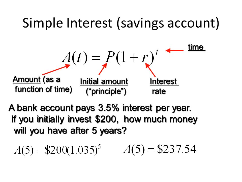 Simple Interest (savings account) Amount (as a function of time) function of time) Initial amount ( principle ) ( principle )Interest rate rate time A bank account pays 3.5% interest per year.