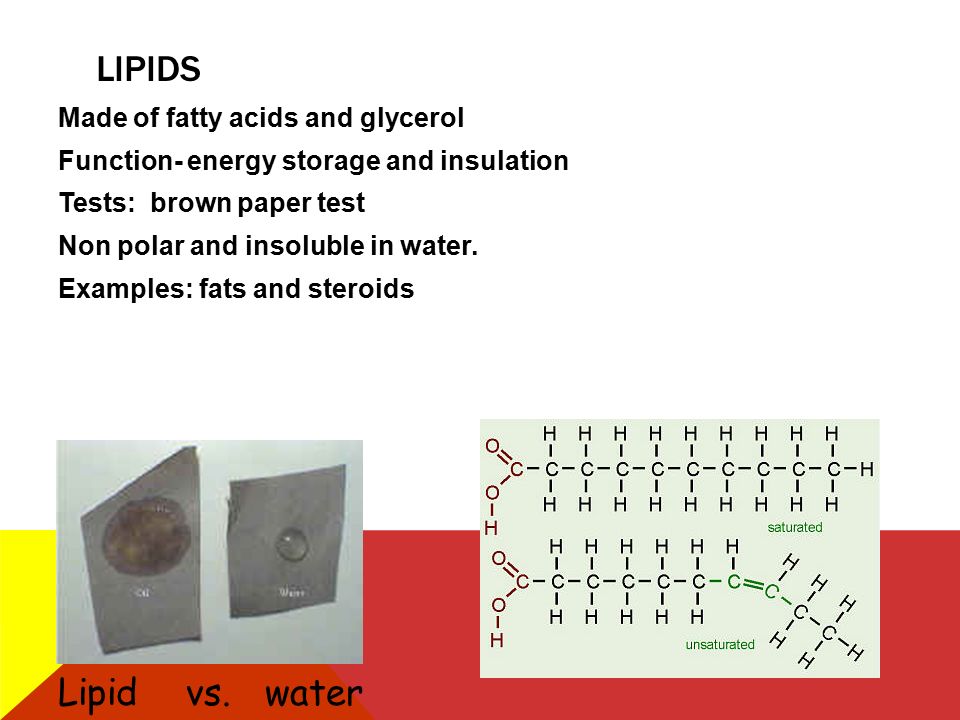 LIPIDS Made of fatty acids and glycerol Function- energy storage and insulation Tests: brown paper test Non polar and insoluble in water.