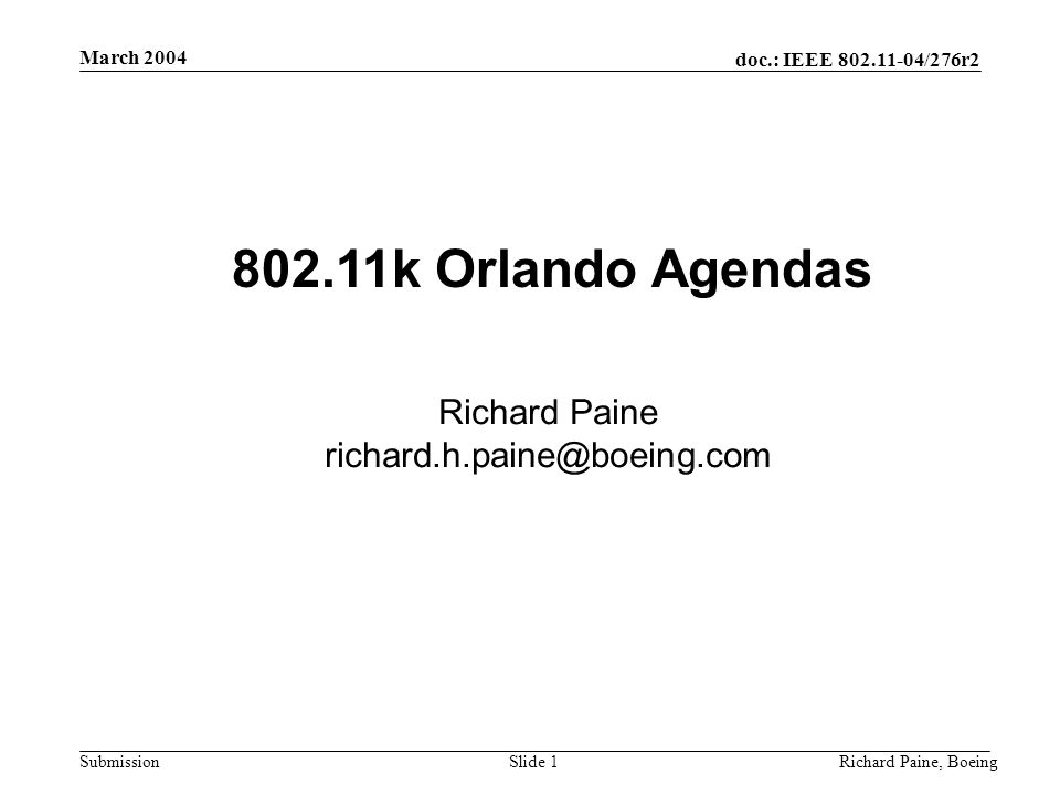 doc.: IEEE /276r2 Submission March 2004 Richard Paine, BoeingSlide k Orlando Agendas Richard Paine
