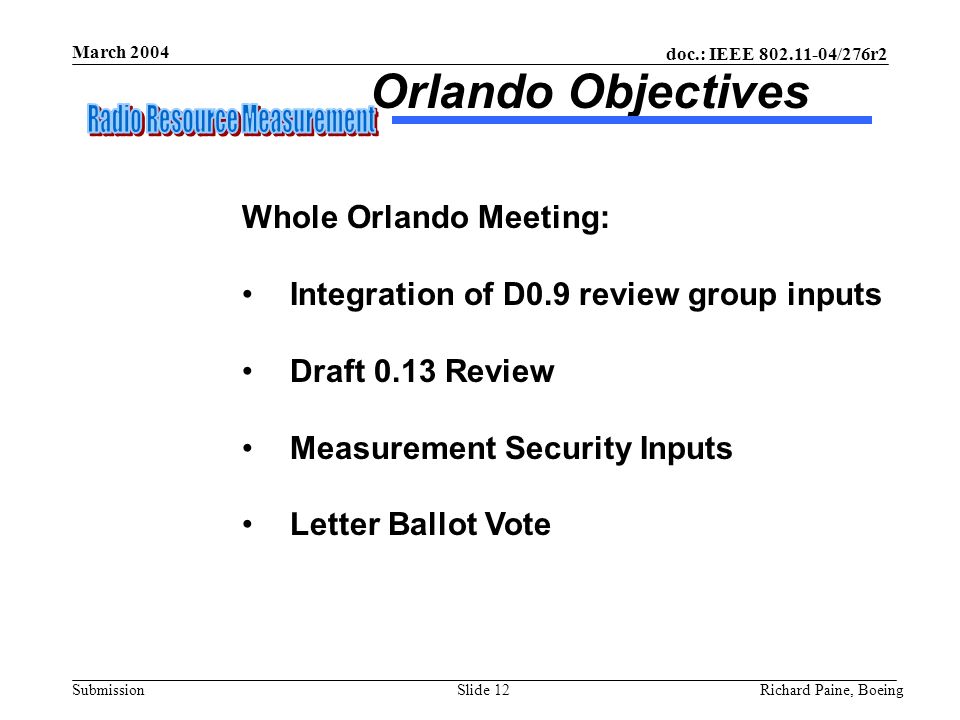 doc.: IEEE /276r2 Submission March 2004 Richard Paine, BoeingSlide 12 Orlando Objectives Whole Orlando Meeting: Integration of D0.9 review group inputs Draft 0.13 Review Measurement Security Inputs Letter Ballot Vote