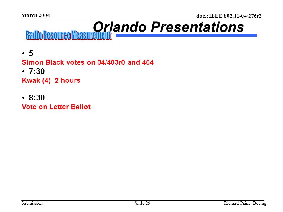 doc.: IEEE /276r2 Submission March 2004 Richard Paine, BoeingSlide 29 Orlando Presentations 5 Simon Black votes on 04/403r0 and 404 7:30 Kwak (4) 2 hours 8:30 Vote on Letter Ballot