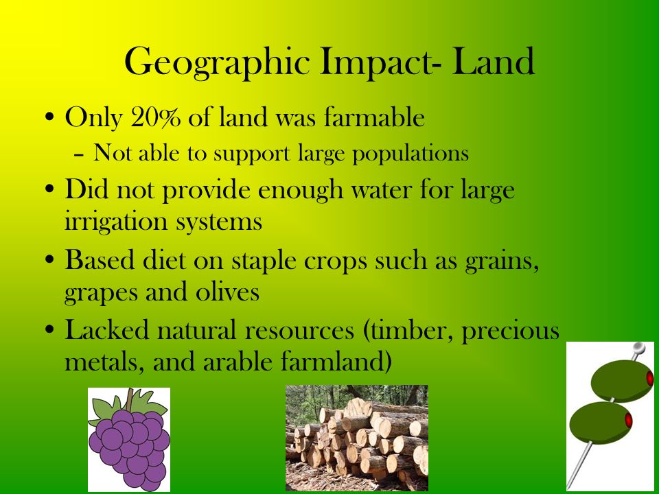 Geographic Impact- Land Only 20% of land was farmable –Not able to support large populations Did not provide enough water for large irrigation systems Based diet on staple crops such as grains, grapes and olives Lacked natural resources (timber, precious metals, and arable farmland)