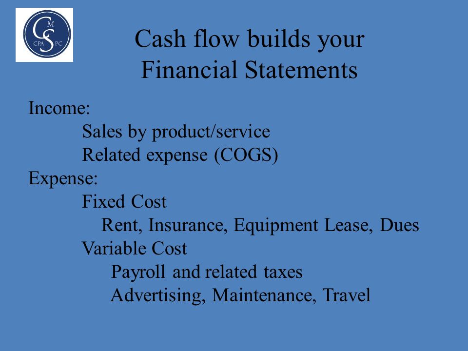 Cash flow builds your Financial Statements Income: Sales by product/service Related expense (COGS) Expense: Fixed Cost Rent, Insurance, Equipment Lease, Dues Variable Cost Payroll and related taxes Advertising, Maintenance, Travel