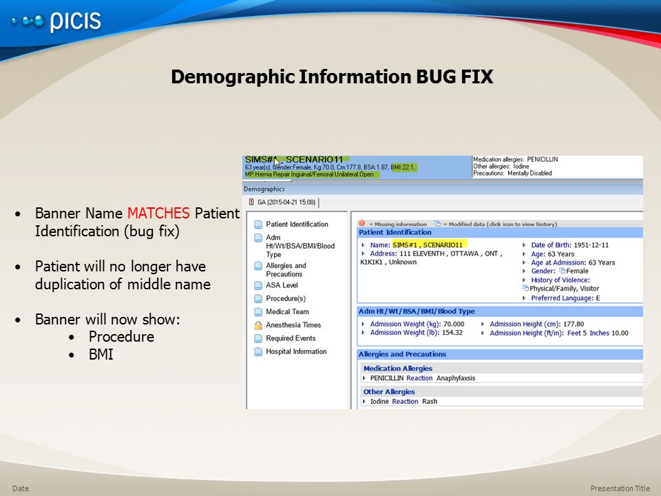 Presentation TitleDate Demographic Information BUG FIX Banner Name MATCHES Patient Identification (bug fix) Patient will no longer have duplication of middle name Banner will now show: Procedure BMI