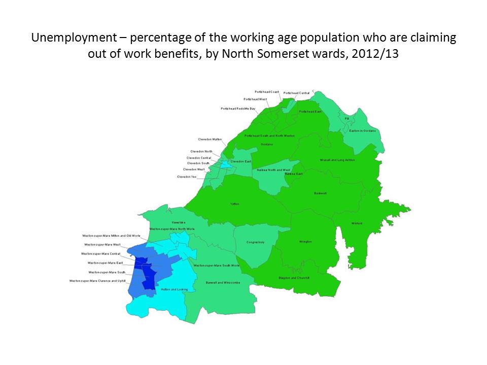 Unemployment – percentage of the working age population who are claiming out of work benefits, by North Somerset wards, 2012/13