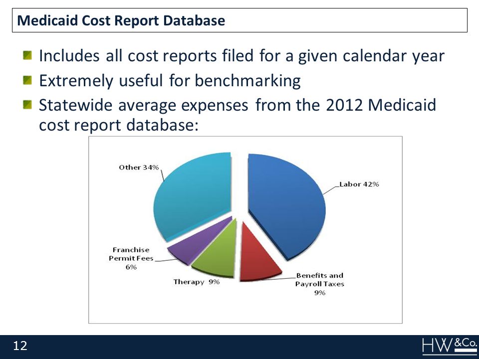 Includes all cost reports filed for a given calendar year Extremely useful for benchmarking Statewide average expenses from the 2012 Medicaid cost report database: Medicaid Cost Report Database 12