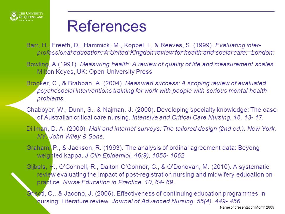 Name of presentation Month 2009 References Barr, H., Freeth, D., Hammick, M., Koppel, I., & Reeves, S.