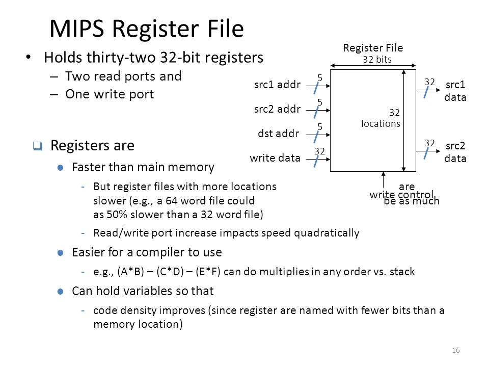 MIPS Register File Register File src1 addr src2 addr dst addr write data 32 bits src1 data src2 data 32 locations Holds thirty-two 32-bit registers – Two read ports and – One write port  Registers are l Faster than main memory -But register files with more locations are slower (e.g., a 64 word file could be as much as 50% slower than a 32 word file) -Read/write port increase impacts speed quadratically l Easier for a compiler to use -e.g., (A*B) – (C*D) – (E*F) can do multiplies in any order vs.