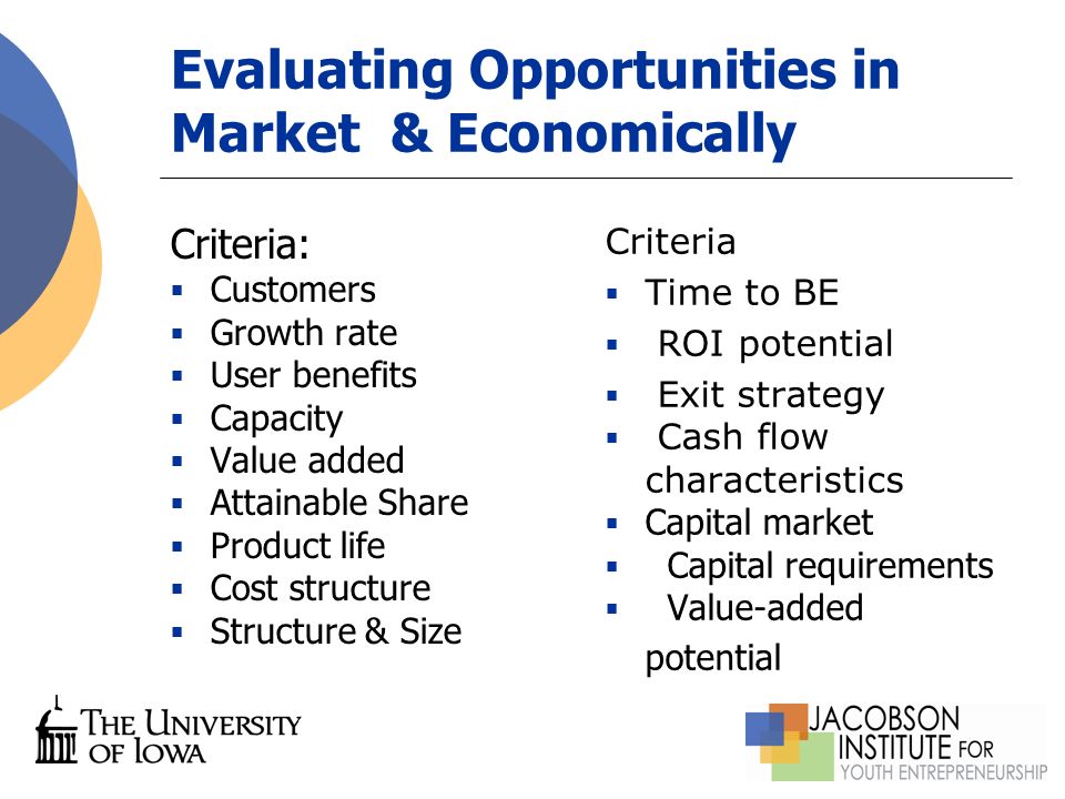 Evaluating Opportunities in Market & Economically Criteria:  Customers  Growth rate  User benefits  Capacity  Value added  Attainable Share  Product life  Cost structure  Structure & Size Criteria  Time to BE  ROI potential  Exit strategy  Cash flow characteristics  Capital market  Capital requirements  Value-added potential
