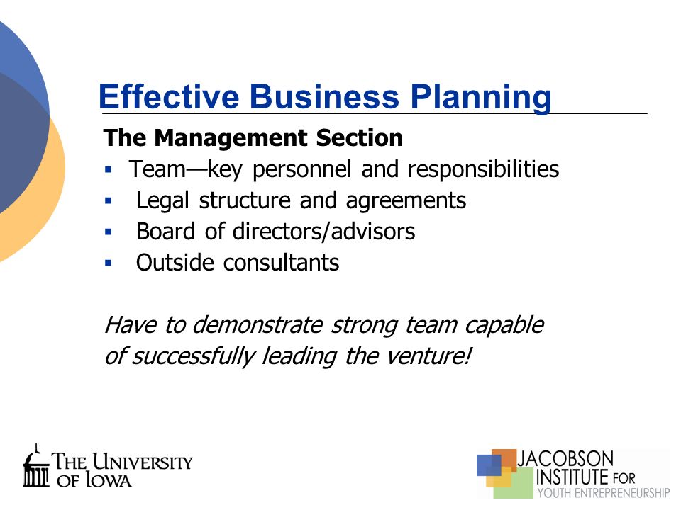 Effective Business Planning The Management Section  Team—key personnel and responsibilities  Legal structure and agreements  Board of directors/advisors  Outside consultants Have to demonstrate strong team capable of successfully leading the venture!