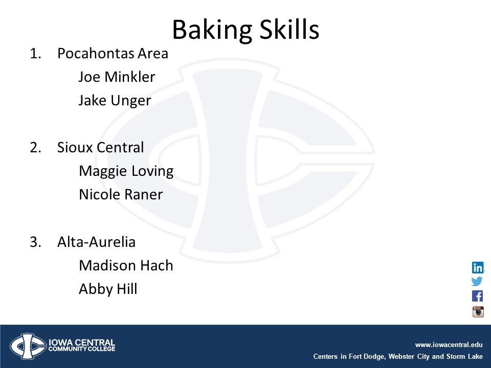 Centers in Fort Dodge, Webster City and Storm Lake   Baking Skills 1.Pocahontas Area Joe Minkler Jake Unger 2.Sioux Central Maggie Loving Nicole Raner 3.Alta-Aurelia Madison Hach Abby Hill