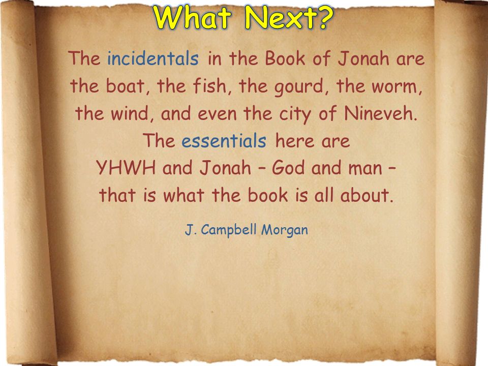 The incidentals in the Book of Jonah are the boat, the fish, the gourd, the worm, the wind, and even the city of Nineveh.