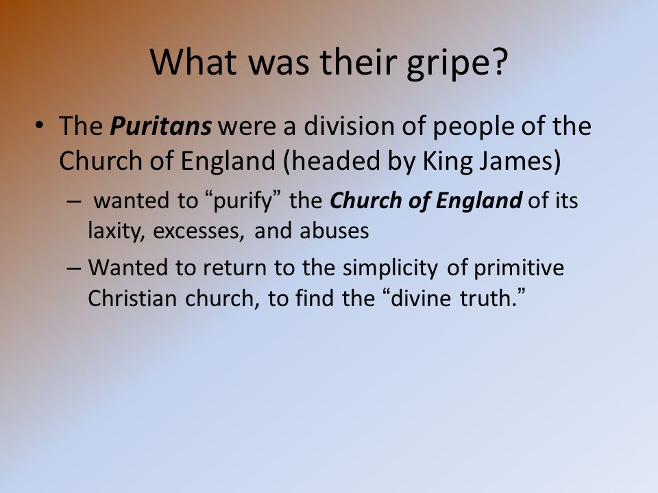 The Puritans were a division of people of the Church of England (headed by King James) – wanted to purify the Church of England of its laxity, excesses, and abuses – Wanted to return to the simplicity of primitive Christian church, to find the divine truth. What was their gripe