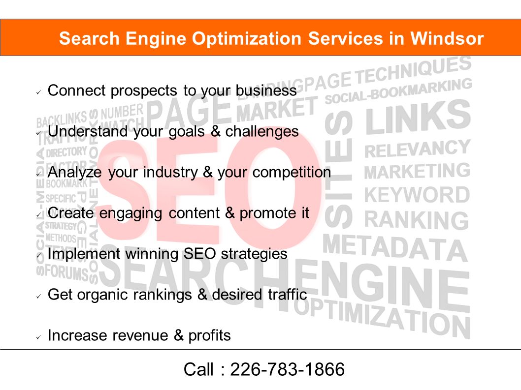 Connect prospects to your business Understand your goals & challenges Analyze your industry & your competition Create engaging content & promote it Implement winning SEO strategies Get organic rankings & desired traffic Increase revenue & profits Search Engine Optimization Services in Windsor Call :