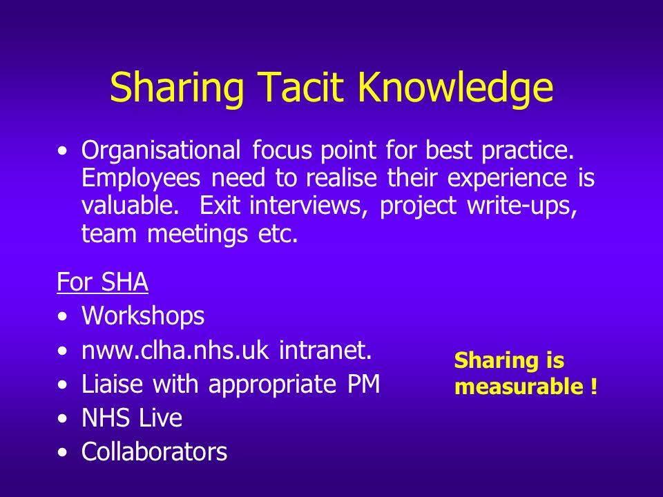 Sharing Tacit Knowledge Organisational focus point for best practice.