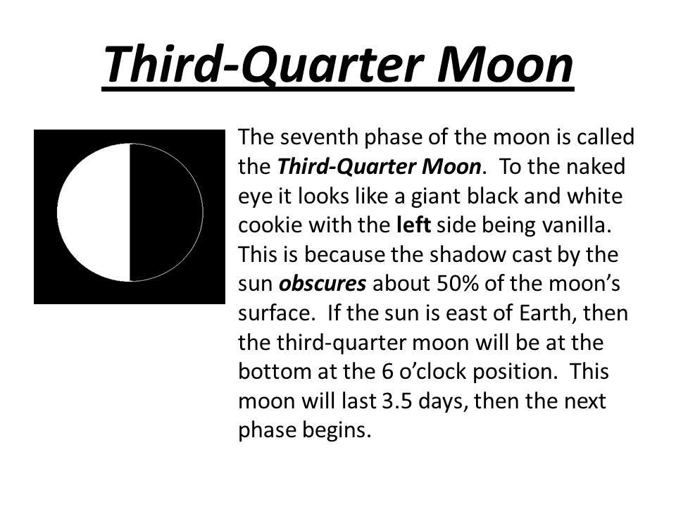 Third-Quarter Moon The seventh phase of the moon is called the Third-Quarter Moon.