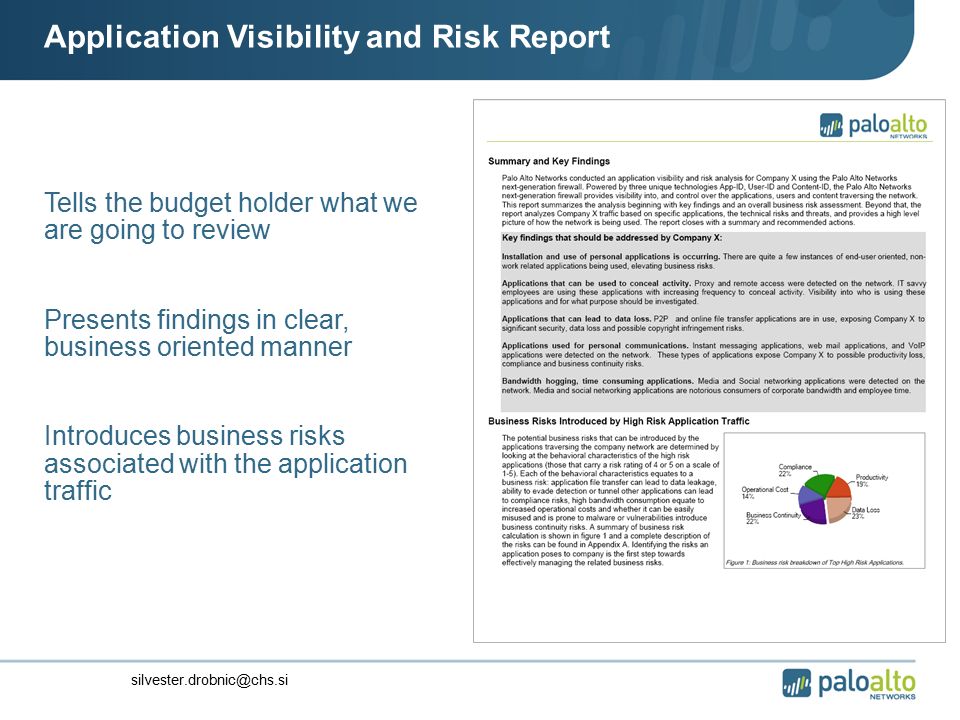 Application Visibility and Risk Report Tells the budget holder what we are going to review Presents findings in clear, business oriented manner Introduces business risks associated with the application traffic