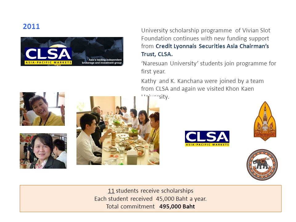 University scholarship programme of Vivian Slot Foundation continues with new funding support from Credit Lyonnais Securities Asia Chairman’s Trust, CLSA.