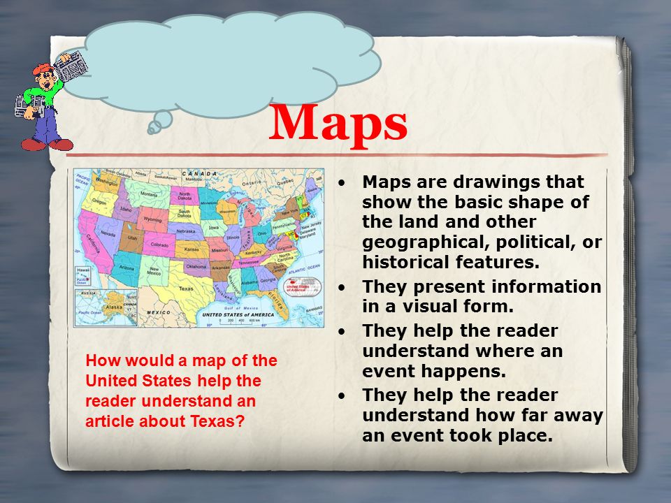 Maps Maps are drawings that show the basic shape of the land and other geographical, political, or historical features.