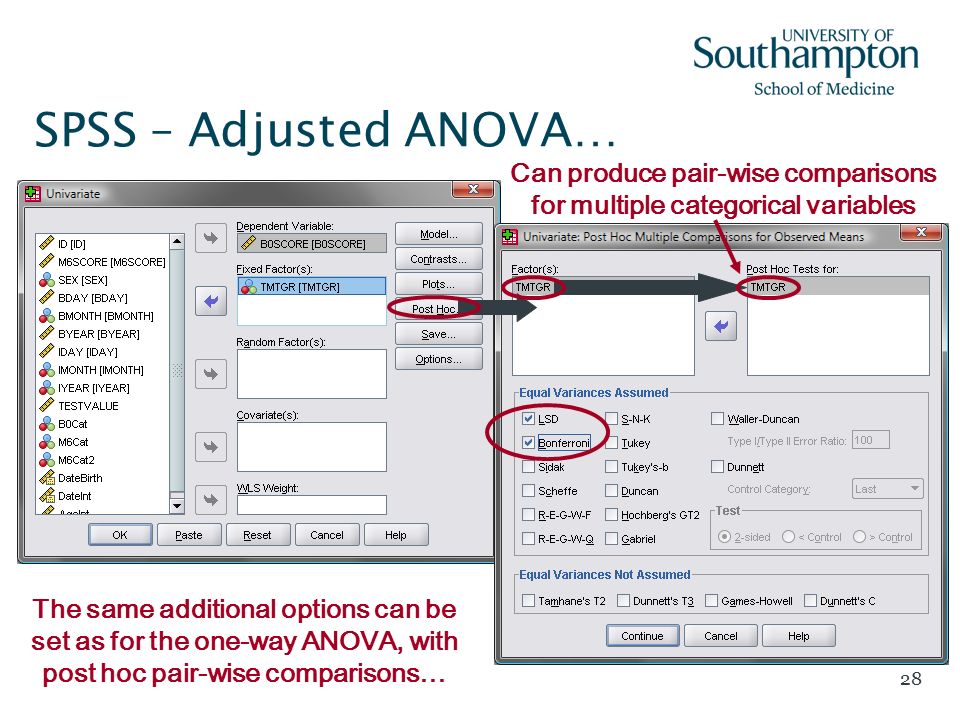 28 SPSS – Adjusted ANOVA… Can produce pair-wise comparisons for multiple categorical variables The same additional options can be set as for the one-way ANOVA, with post hoc pair-wise comparisons…