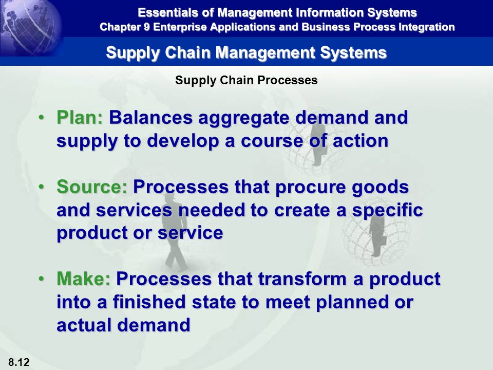 8.12 Essentials of Management Information Systems Chapter 9 Enterprise Applications and Business Process Integration Supply Chain Management Systems Plan: Balances aggregate demand and supply to develop a course of actionPlan: Balances aggregate demand and supply to develop a course of action Source: Processes that procure goods and services needed to create a specific product or serviceSource: Processes that procure goods and services needed to create a specific product or service Make: Processes that transform a product into a finished state to meet planned or actual demandMake: Processes that transform a product into a finished state to meet planned or actual demand Supply Chain Processes