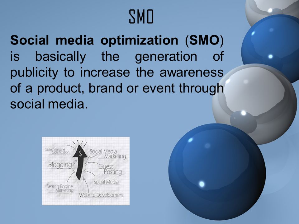 SMO Social media optimization (SMO) is basically the generation of publicity to increase the awareness of a product, brand or event through social media.