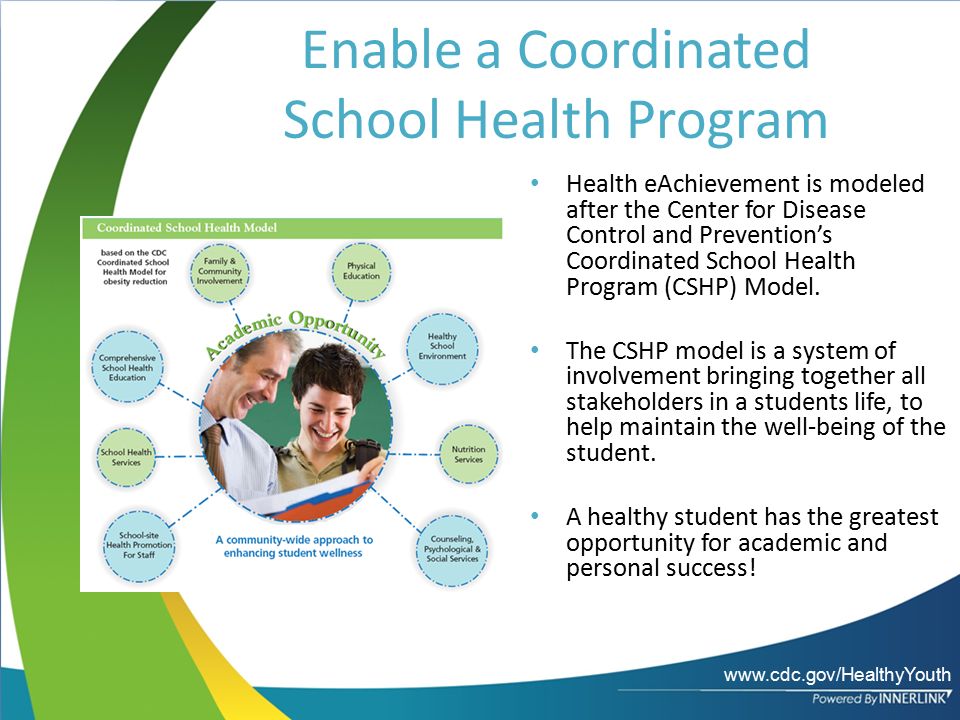 Click to edit Master title style Click to edit Master text styles Second level Third level Fourth level Fifth level Enable a Coordinated School Health Program Health eAchievement is modeled after the Center for Disease Control and Prevention’s Coordinated School Health Program (CSHP) Model.