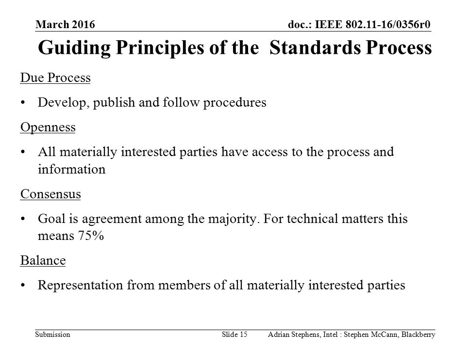 doc.: IEEE /0356r0 Submission March 2016 Slide 15 Guiding Principles of the Standards Process Due Process Develop, publish and follow procedures Openness All materially interested parties have access to the process and information Consensus Goal is agreement among the majority.