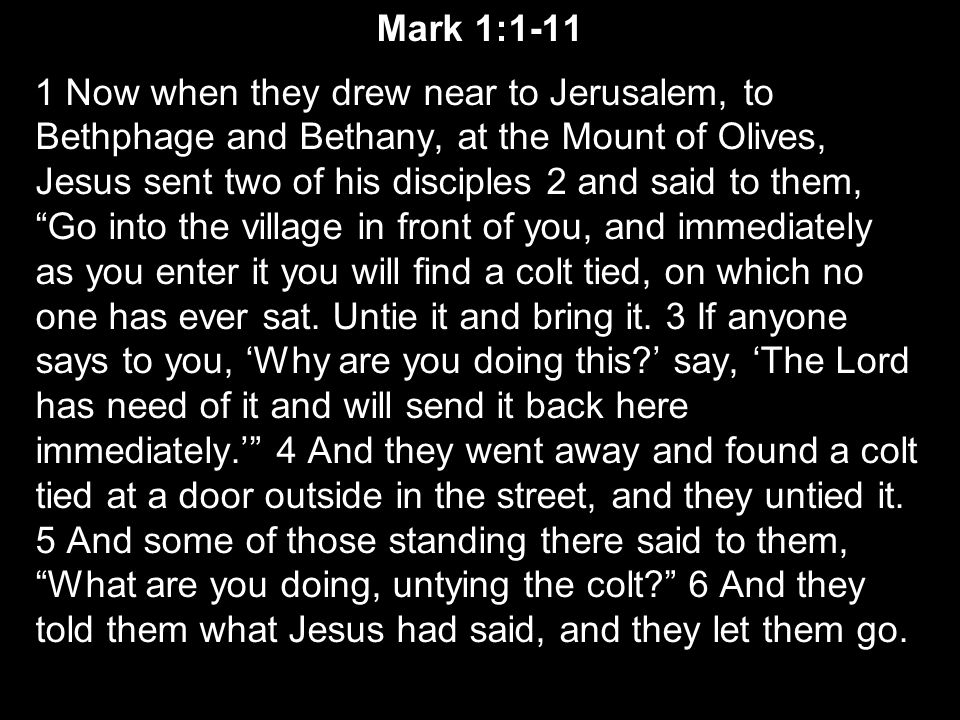 1 Now when they drew near to Jerusalem, to Bethphage and Bethany, at the Mount of Olives, Jesus sent two of his disciples 2 and said to them, Go into the village in front of you, and immediately as you enter it you will find a colt tied, on which no one has ever sat.