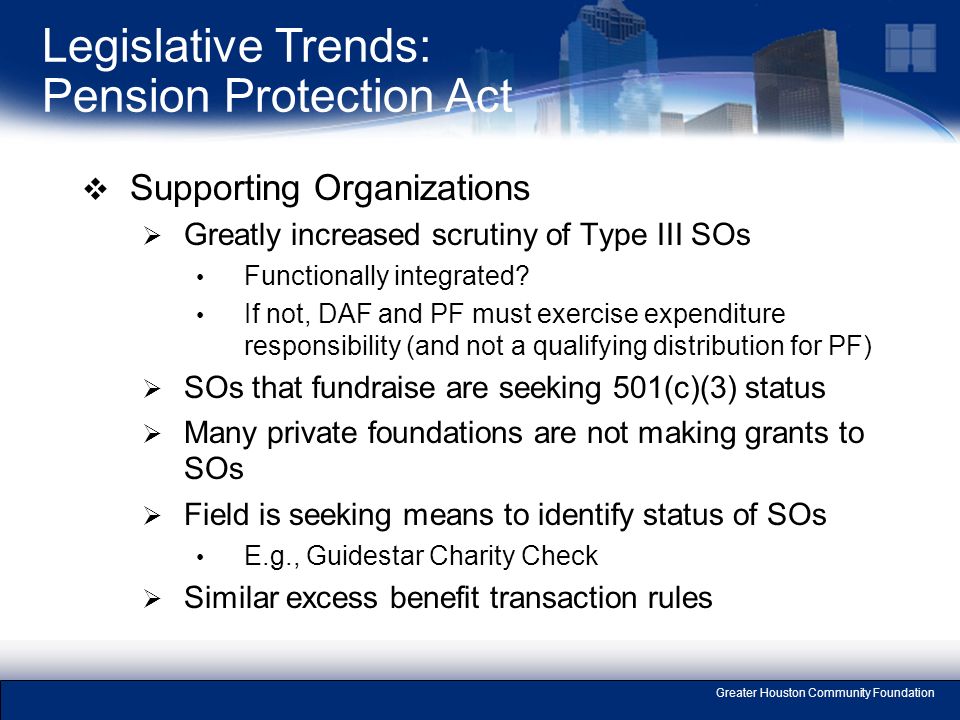Greater Houston Community Foundation  Supporting Organizations  Greatly increased scrutiny of Type III SOs Functionally integrated.