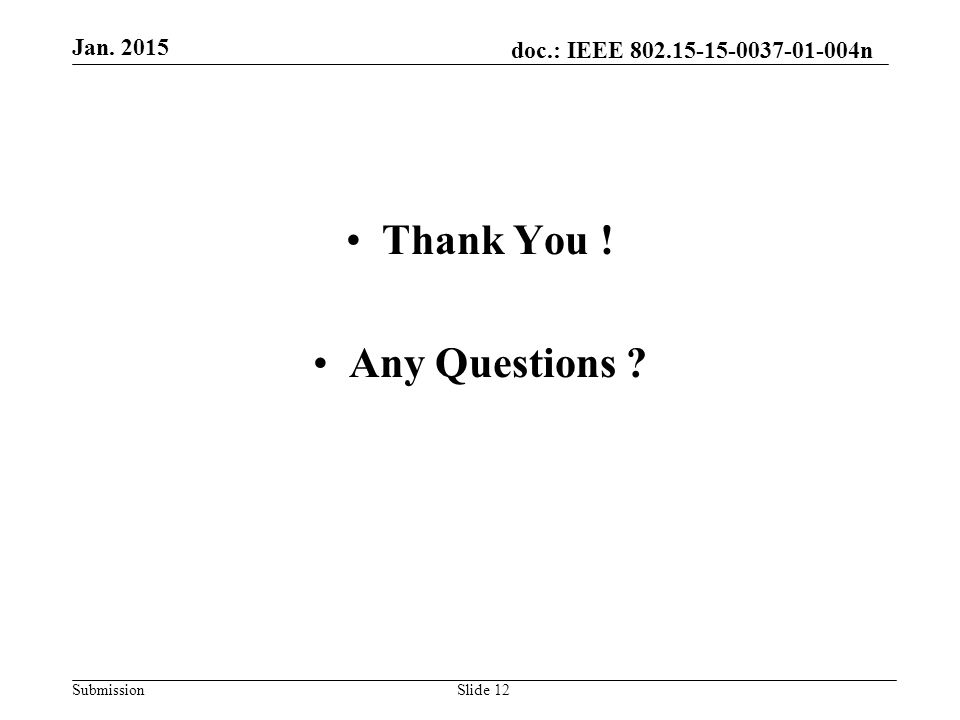 doc.: IEEE n Submission Thank You ! Any Questions Jan Slide 12