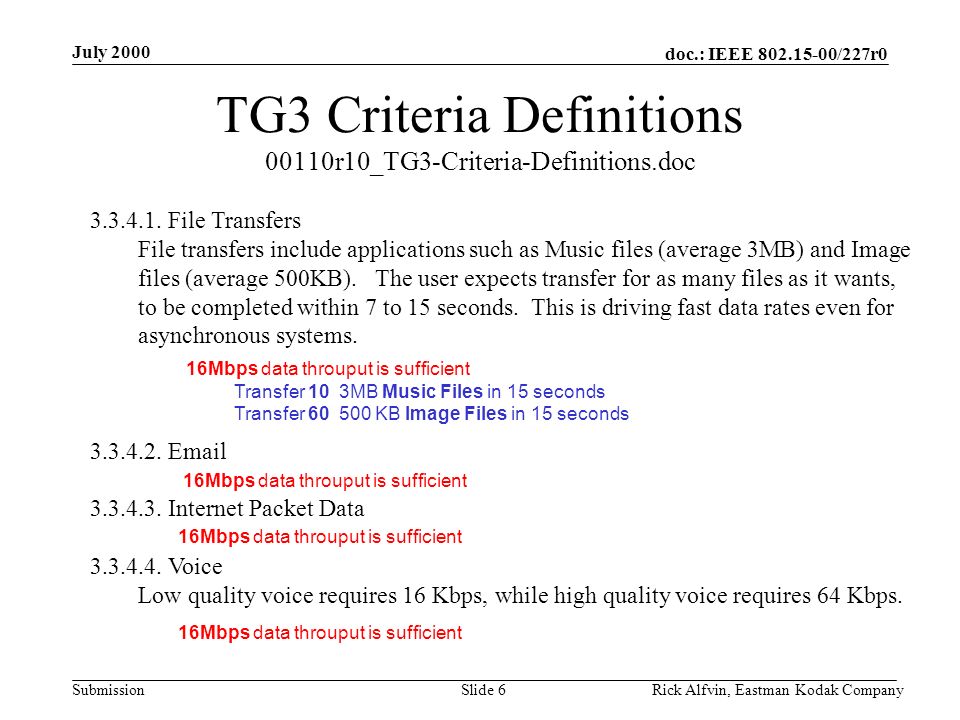 doc.: IEEE /227r0 Submission July 2000 Rick Alfvin, Eastman Kodak CompanySlide 6 TG3 Criteria Definitions 00110r10_TG3-Criteria-Definitions.doc