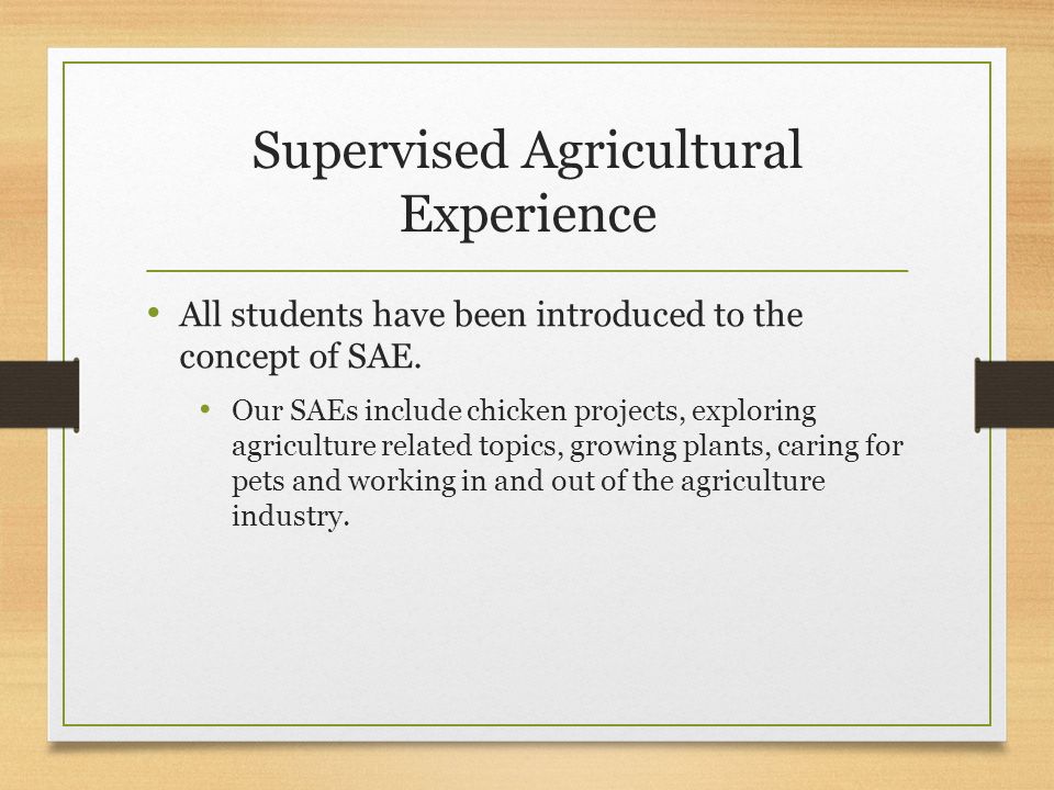 Supervised Agricultural Experience All students have been introduced to the concept of SAE.
