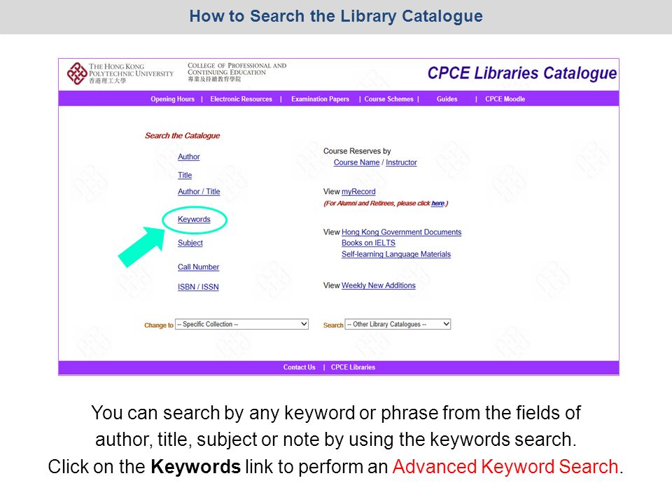You can search by any keyword or phrase from the fields of author, title, subject or note by using the keywords search.