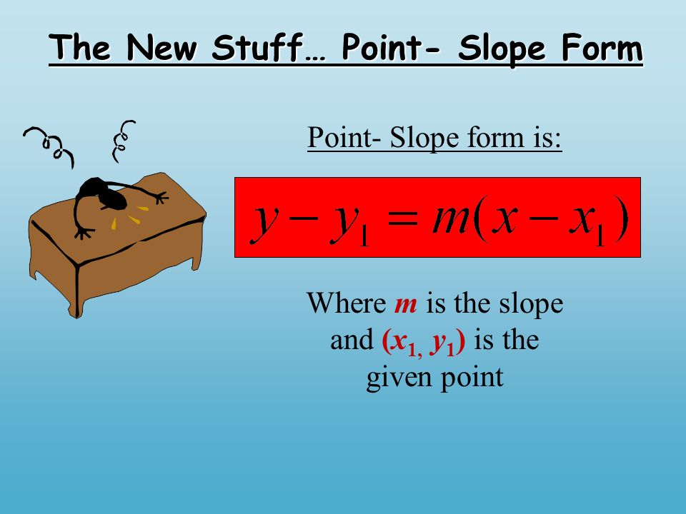 The New Stuff… Point- Slope Form Point- Slope form is: Where m is the slope and (x 1, y 1 ) is the given point