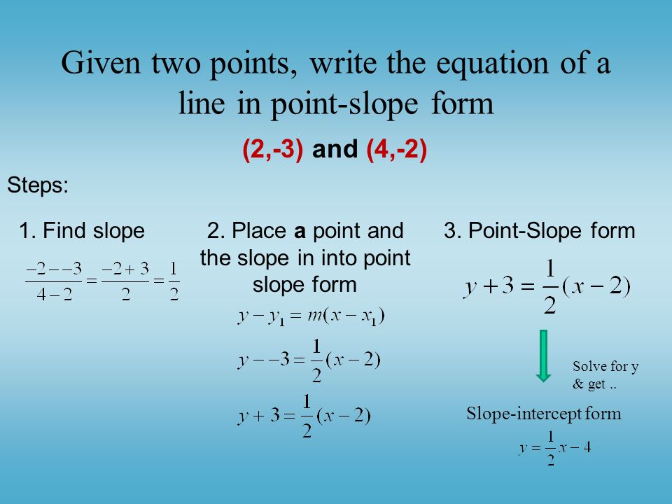 Given two points, write the equation of a line in point-slope form Steps: 1.