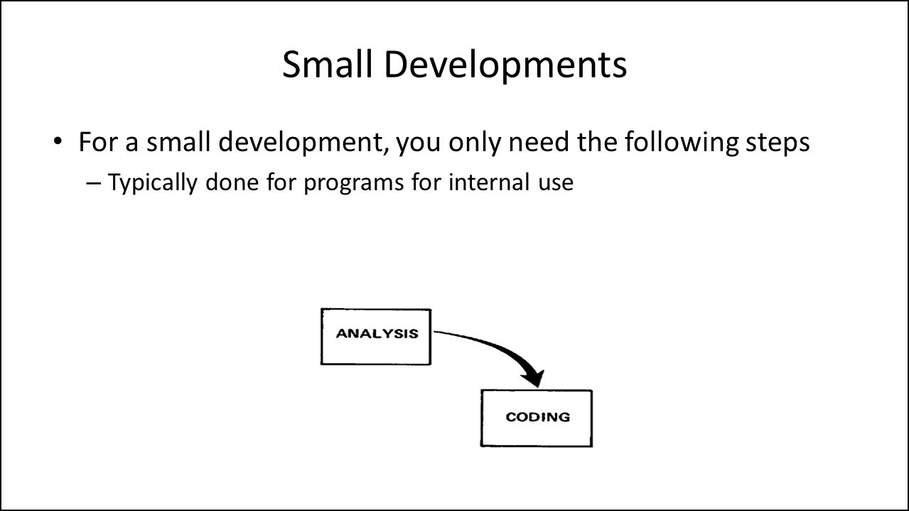 Small Developments For a small development, you only need the following steps – Typically done for programs for internal use