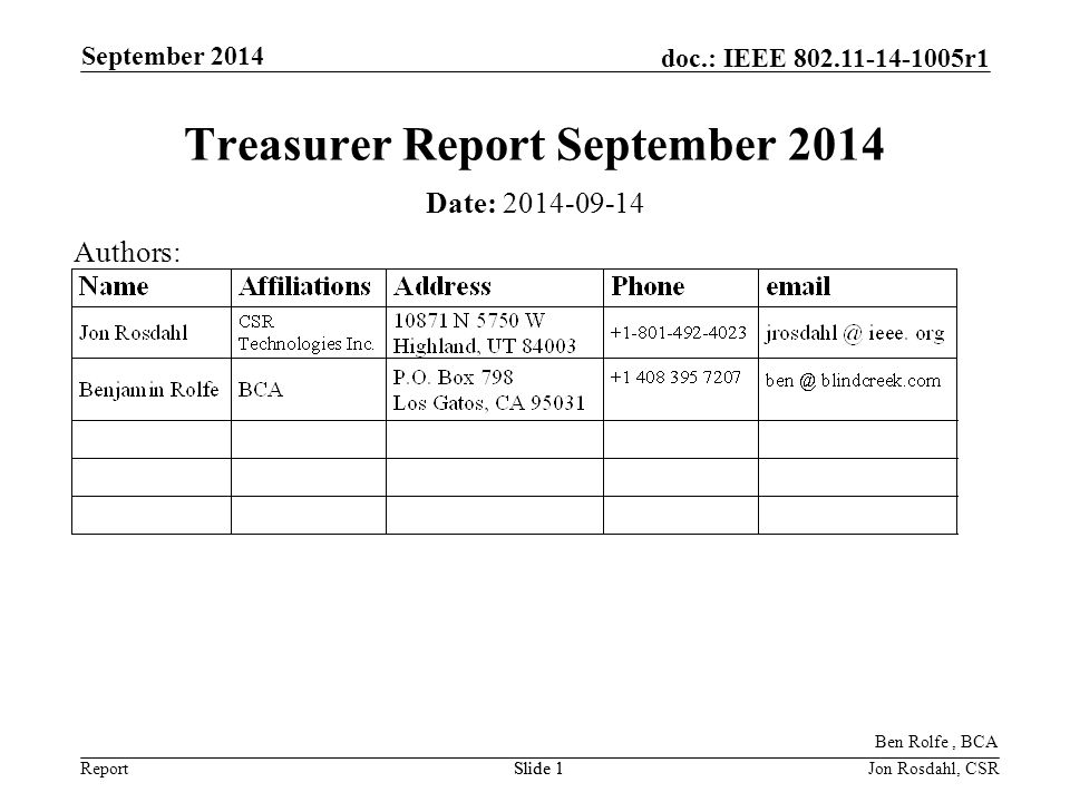 Report doc.: IEEE r1 September 2014 Slide 1Jon Rosdahl, CSRSlide 1 Treasurer Report September 2014 Date: Authors: Ben Rolfe, BCA