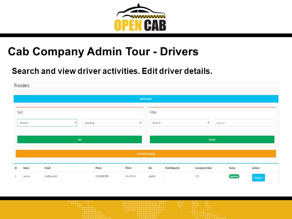 Cab Company Admin Tour - Drivers Search and view driver activities. Edit driver details.