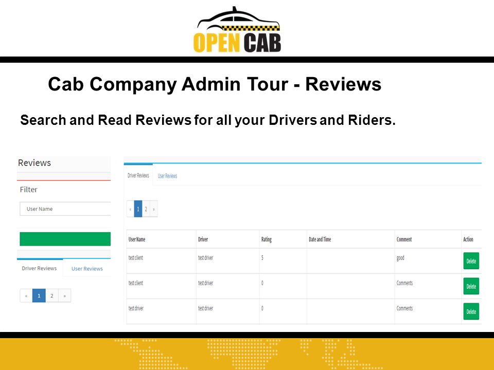Cab Company Admin Tour - Reviews Search and Read Reviews for all your Drivers and Riders.