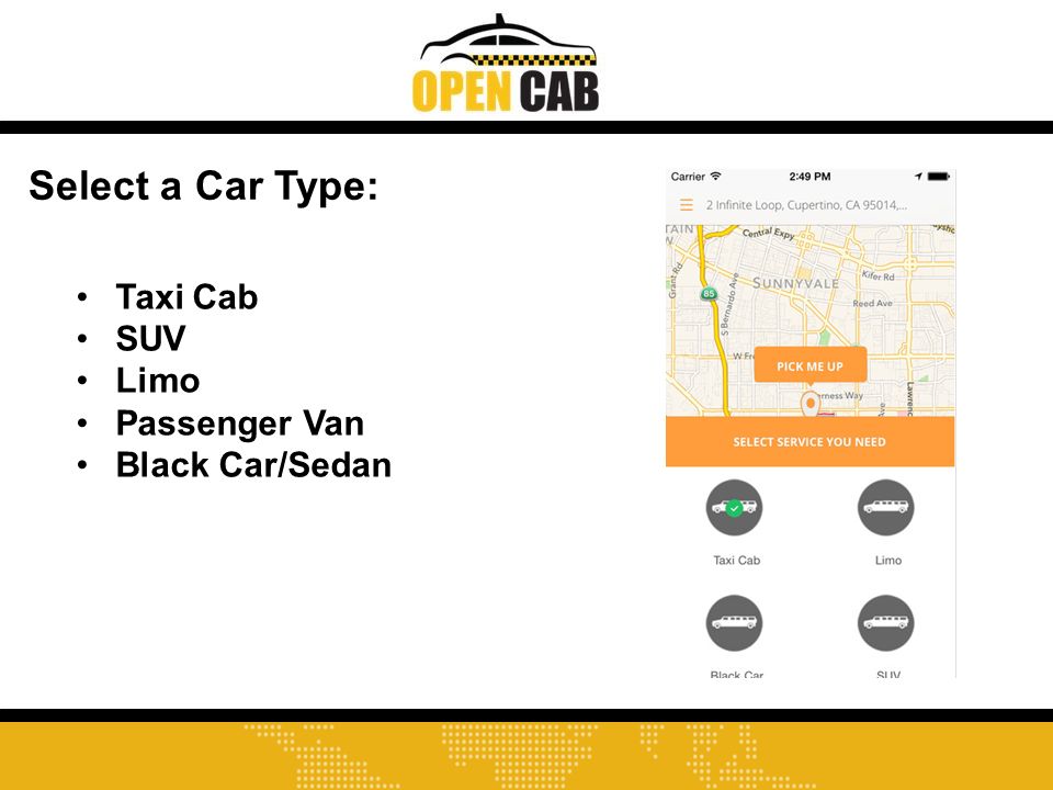 Select a Car Type: Taxi Cab SUV Limo Passenger Van Black Car/Sedan