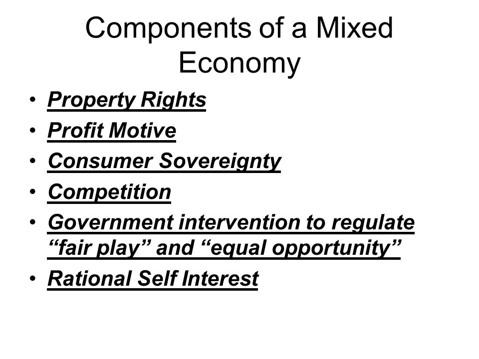 Components of a Mixed Economy Property Rights Profit Motive Consumer Sovereignty Competition Government intervention to regulate fair play and equal opportunity Rational Self Interest