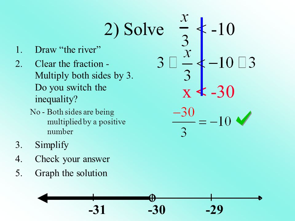 2) Solve < -10 o x < Draw the river 2.Clear the fraction - Multiply both sides by 3.