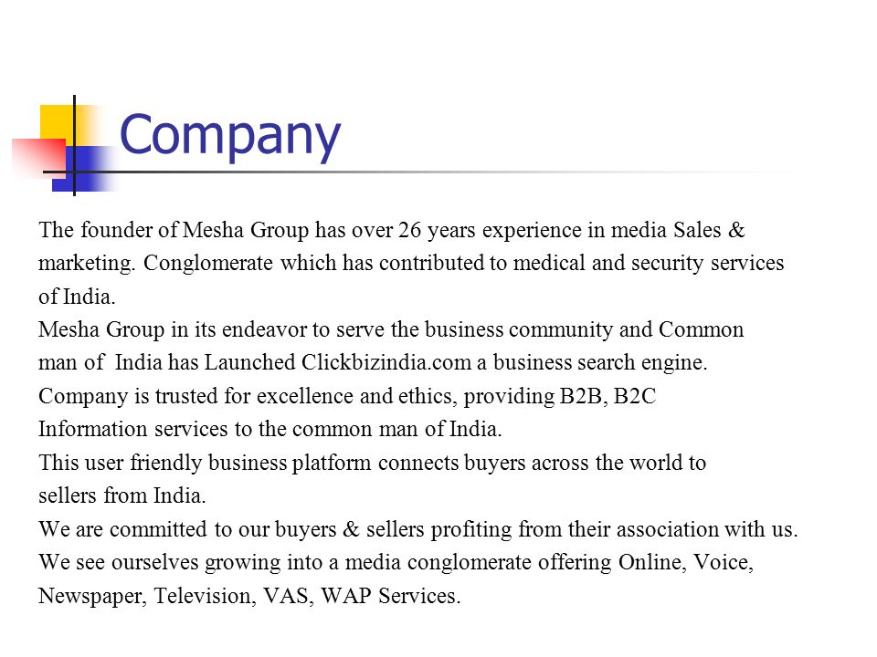 Company The founder of Mesha Group has over 26 years experience in media Sales & marketing.