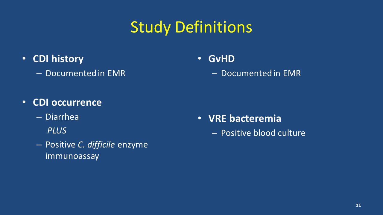 Study Definitions CDI history – Documented in EMR CDI occurrence – Diarrhea PLUS – Positive C.