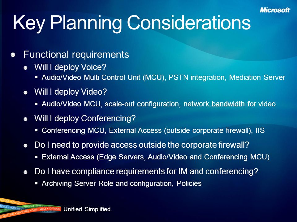 Unified. Simplified. Key Planning Considerations Functional requirements Will I deploy Voice.