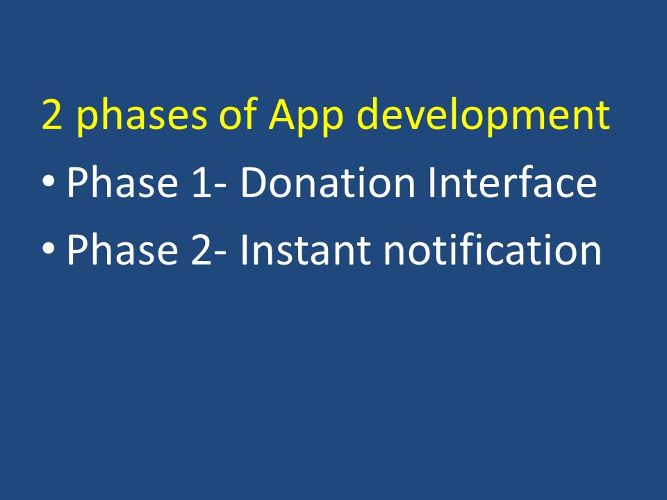 2 phases of App development Phase 1- Donation Interface Phase 2- Instant notification