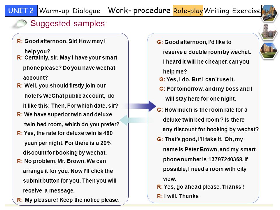 Role-play Work- procedure DialogueWarm-upUNIT 2Writing Exercise Suggested samples : R: Good afternoon, Sir.