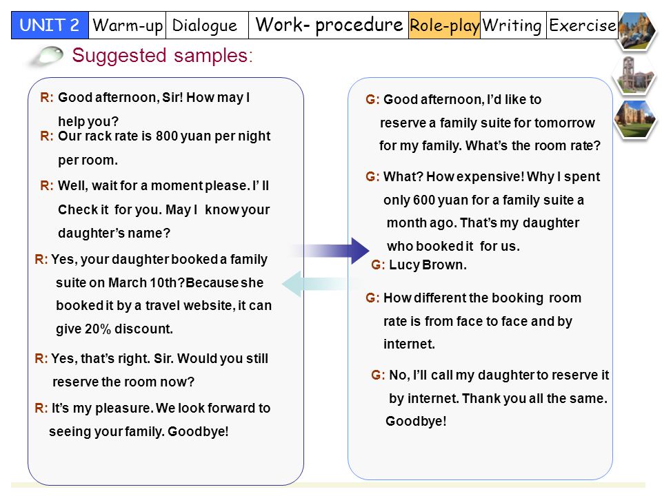 Role-play Work- procedure DialogueWarm-upUNIT 2Writing Exercise Suggested samples : R: Good afternoon, Sir.