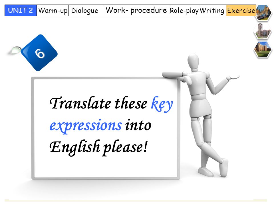 Role-play Work- procedure DialogueWarm-upUNIT 2Writing Exercise Translate these key expressions into English please.